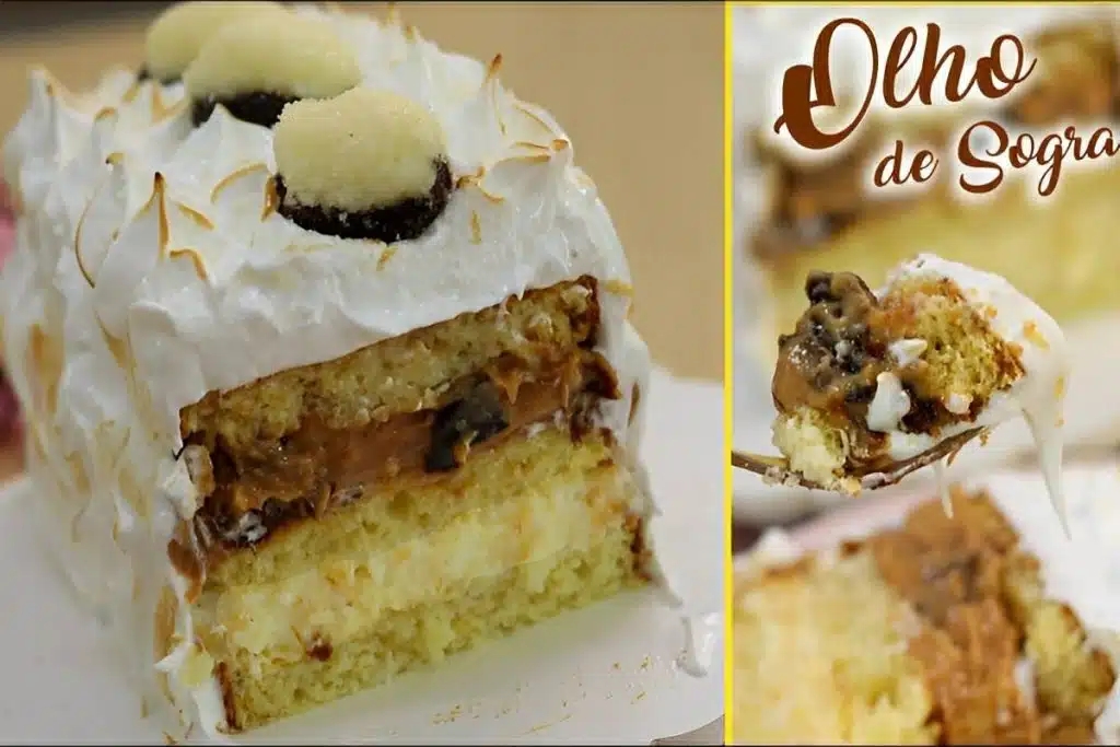 Bolo olho de sogra, a deliciosa combinação de creme de coco com doce de leite e ameixa